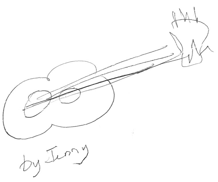 A child's pencil drawing of a guitar, signed by the artist
