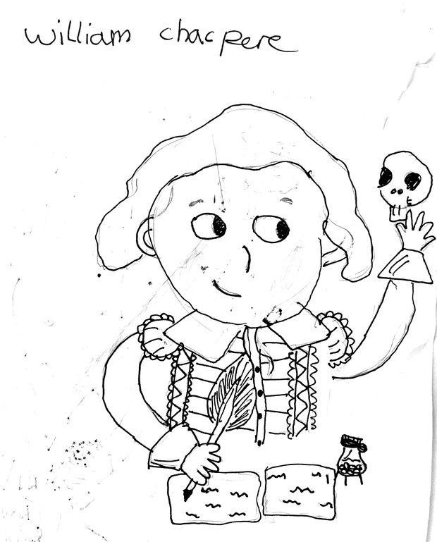 A child's pen drawing of William Shakespeare holding a skull and writing with a quill